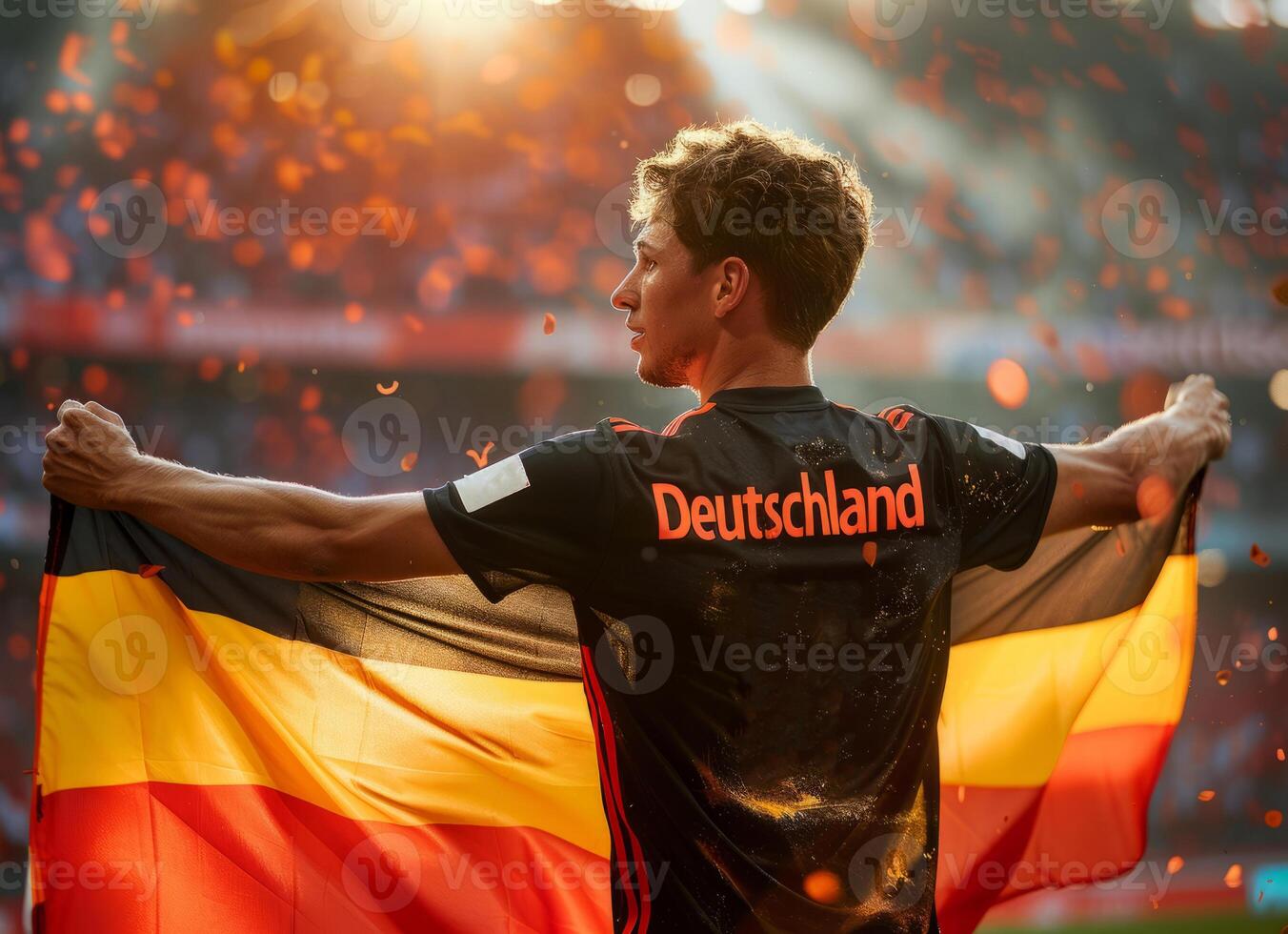 A German football player with the German flag in his hands at the stadium. The player holds the flag. photo