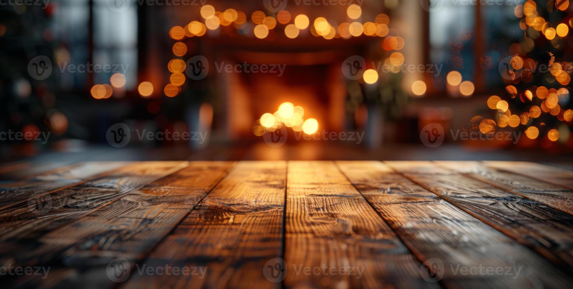 a wooden table top on a blurred background of a Christmas tree in the room. A New Year's concept with space for text. photo