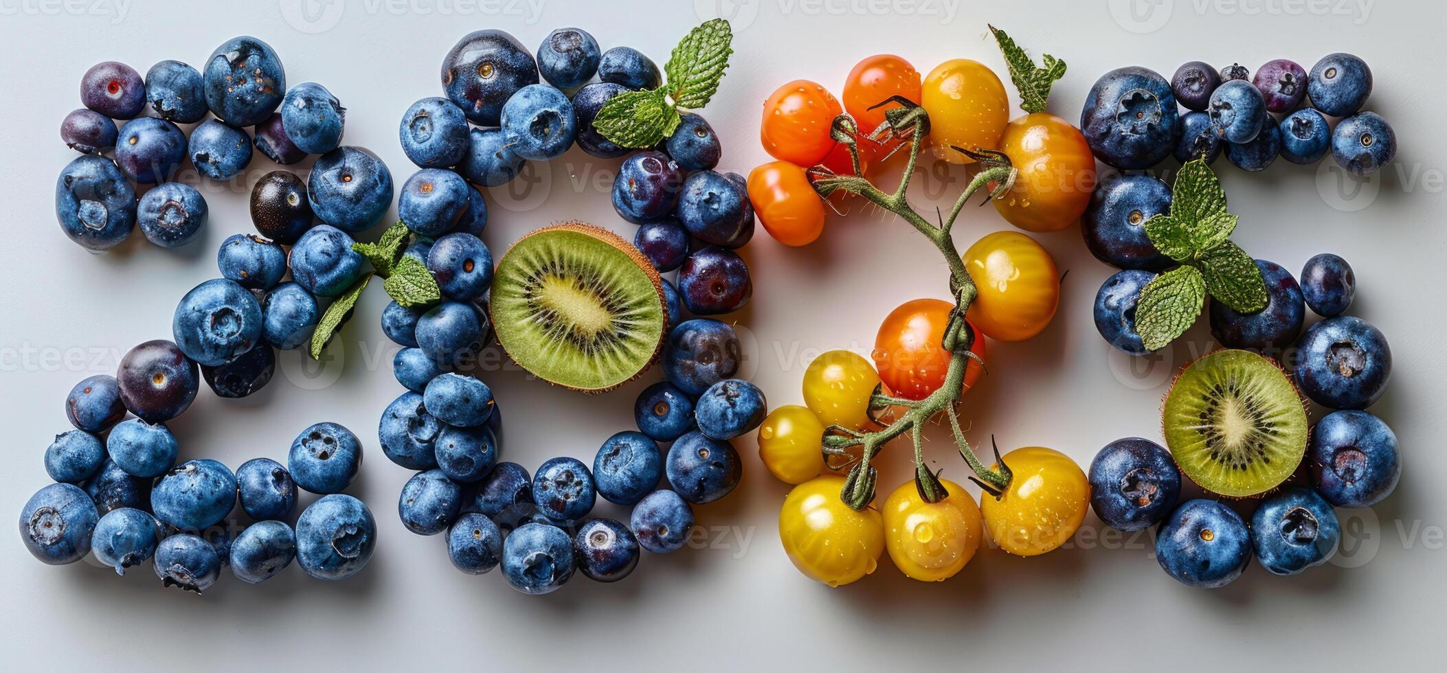The numbers 2025 are made of berries and fruits on a white background. The concept of healthy eating. A healthy new year. photo