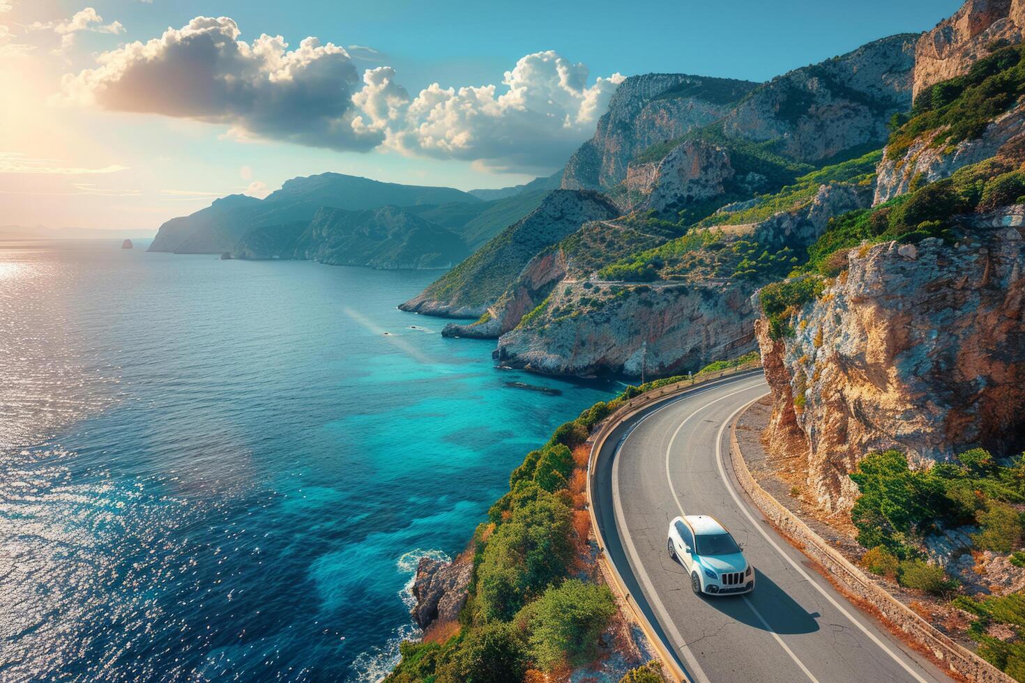 A car ride along the coast road. A winding asphalt highway near the mountains. The concept of travel and holiday trips. photo