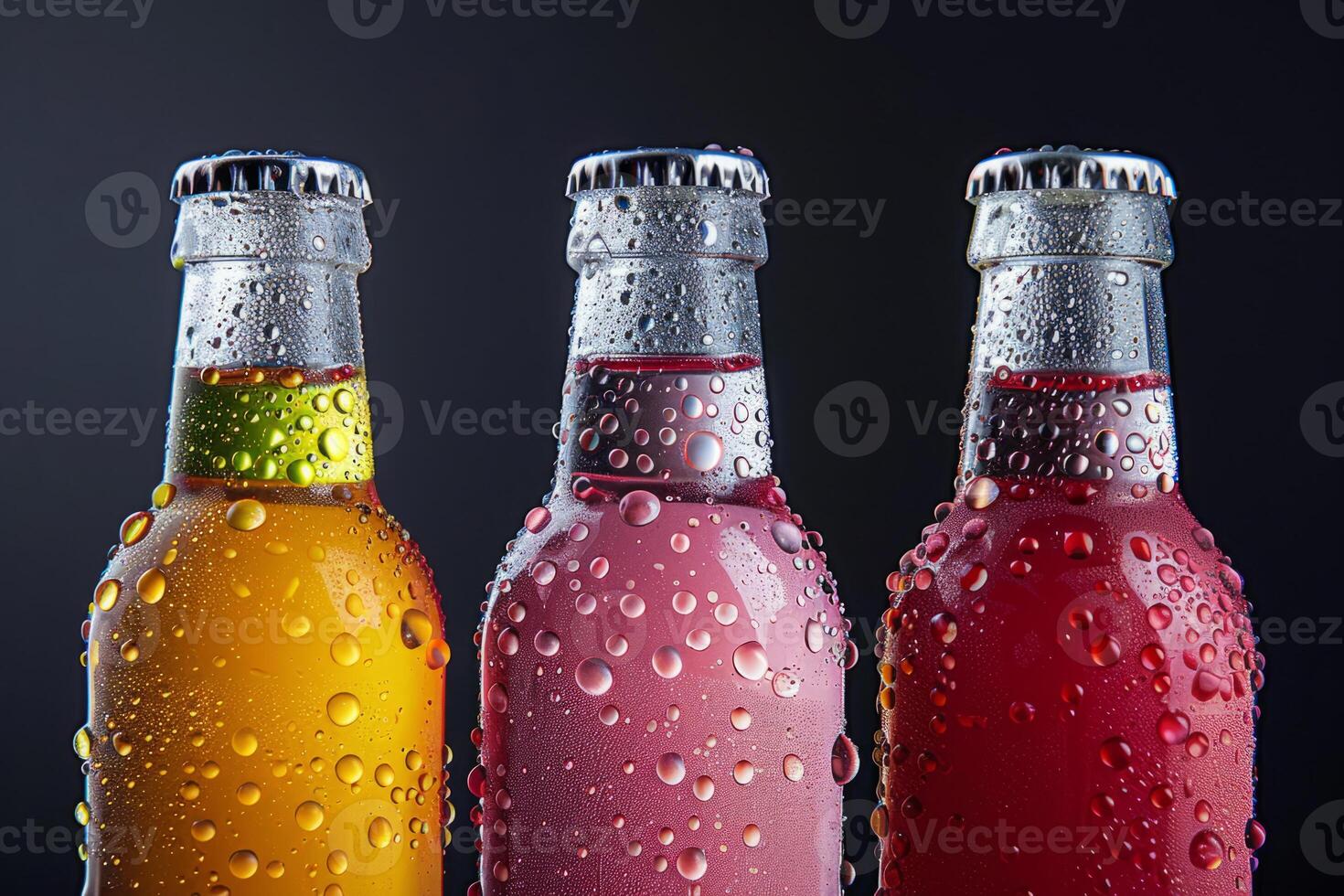 Three bottles of cold fruit water. Lemonade with large drops of condensate. Soft drinks. Summer. photo
