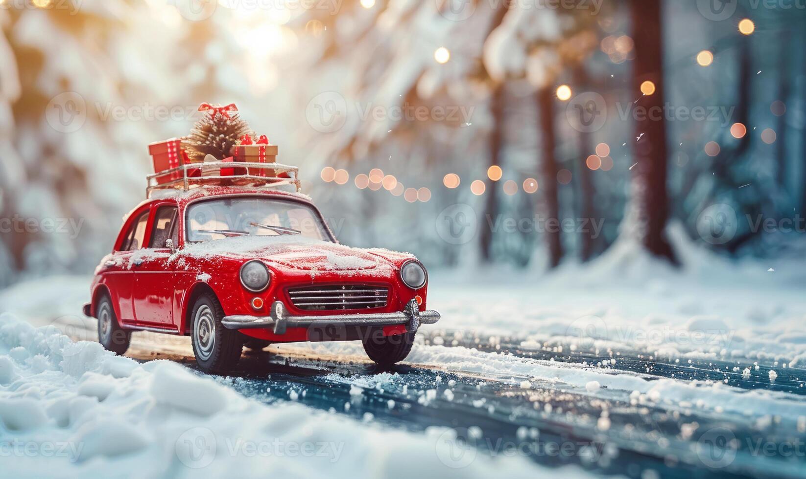 A red vintage car with a Christmas tree and gifts on the roof. The car is driving along a winter road in the forest. The concept of celebrating New Year and Christmas. photo