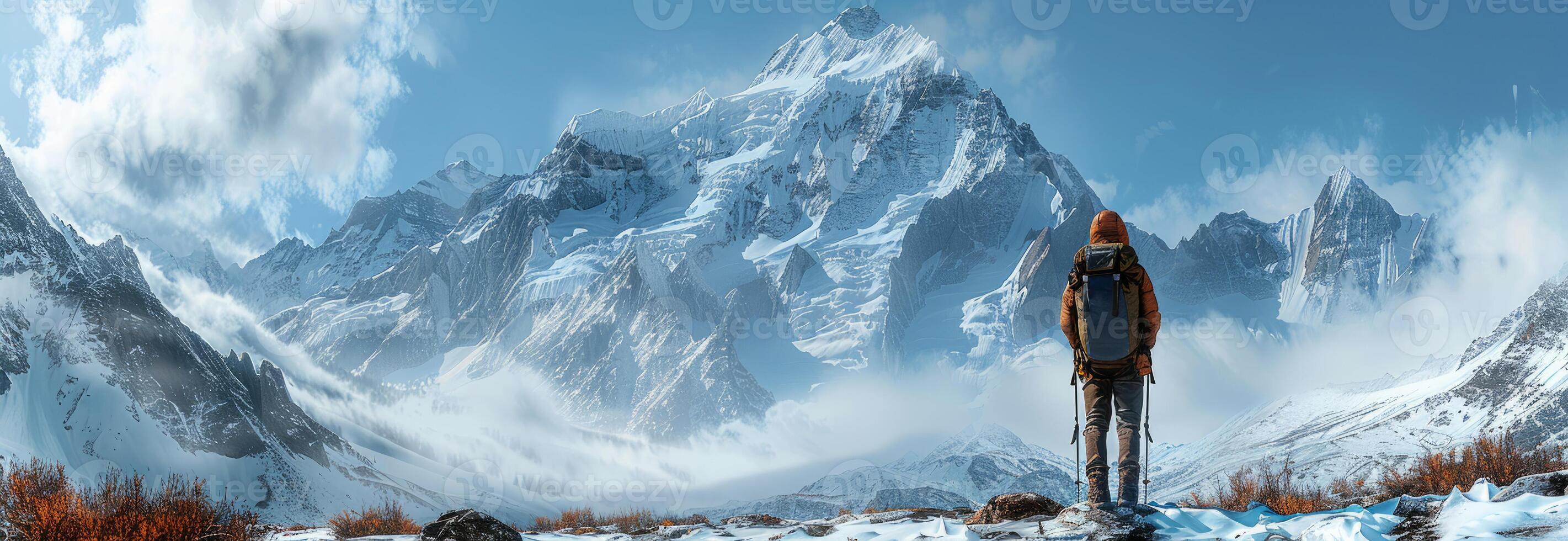 A photo of a tourist going hiking, enjoying the view, against the background of snow-capped mountains. A sporty lifestyle. Space for copying.