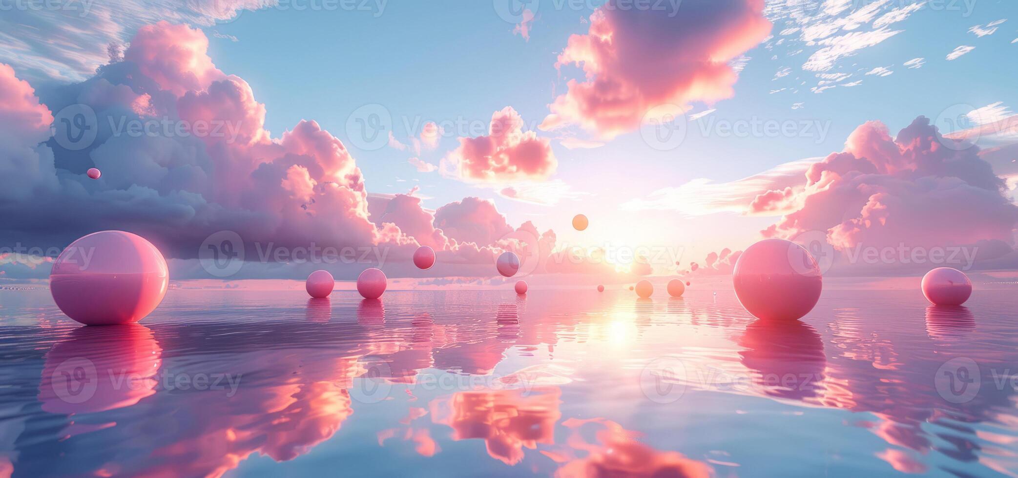 abstract surreal landscape with blue sky and pink clouds. Geometric flying shapes. Minimalistic, calm, dreamy. photo