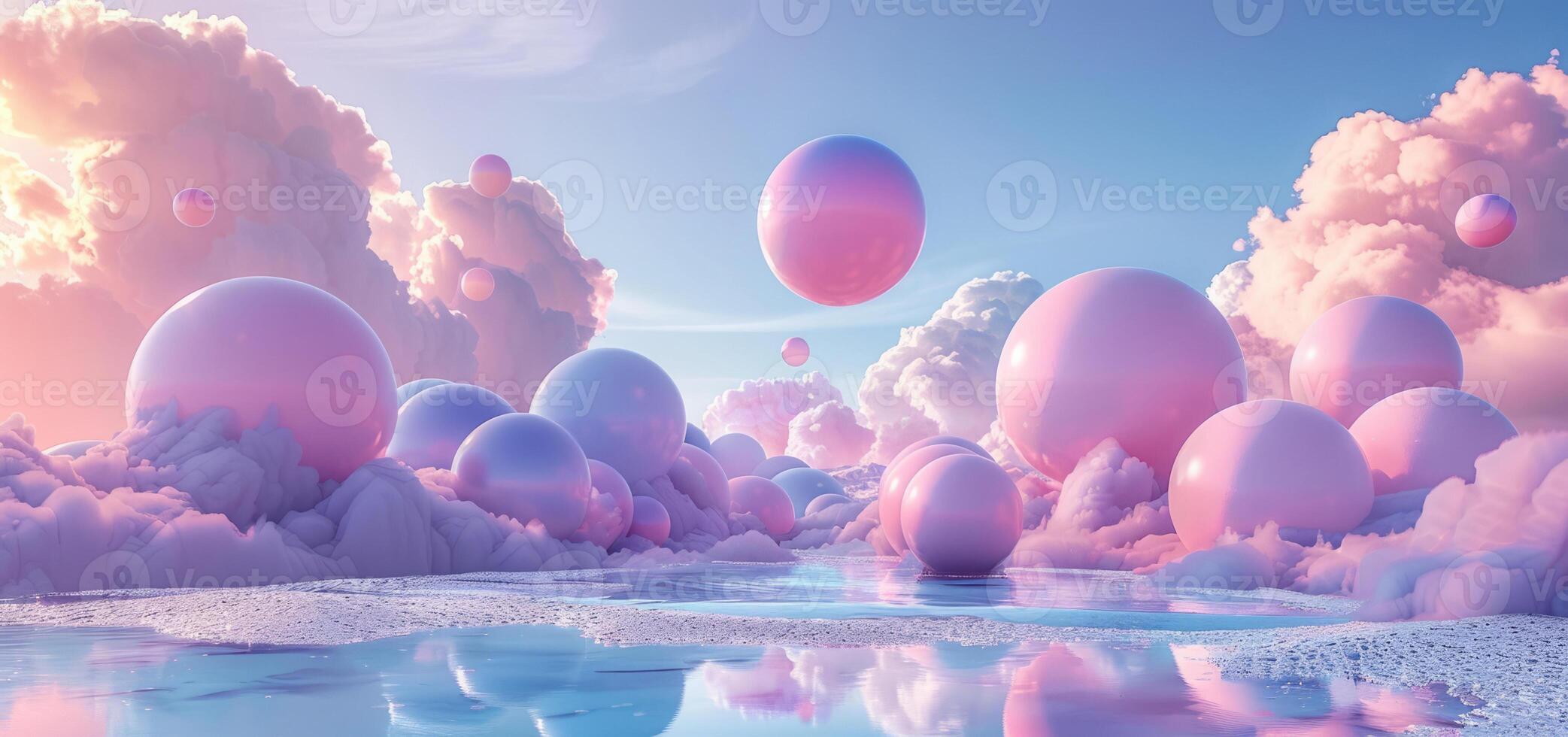 abstract surreal landscape with blue sky and pink clouds. Geometric flying shapes. Minimalistic, calm, dreamy. photo