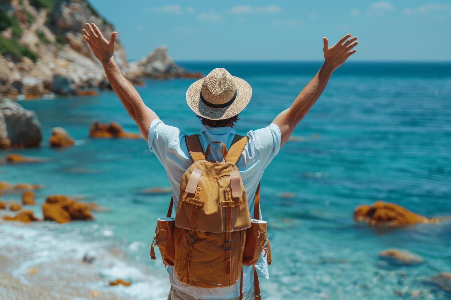 A male traveler with a backpack and a hat, raising his hands, enjoys the view on the beach. A tourist on a beautiful ocean or sea coast. The concept of summer holidays. photo