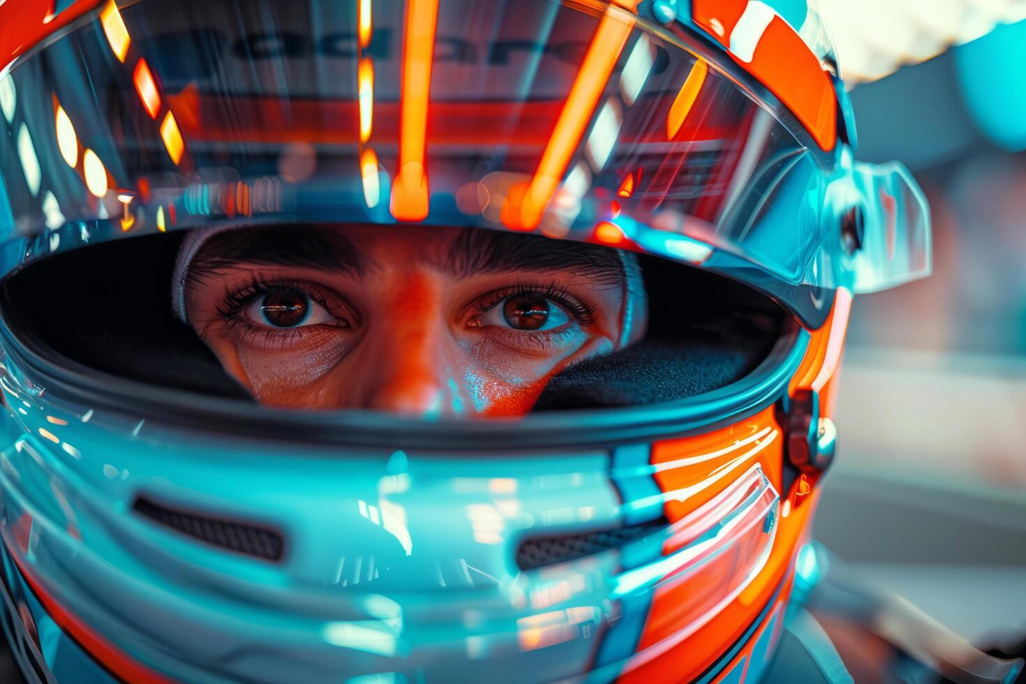 rider wearing a helmet before the start of the competition on the track. A ring car race. photo