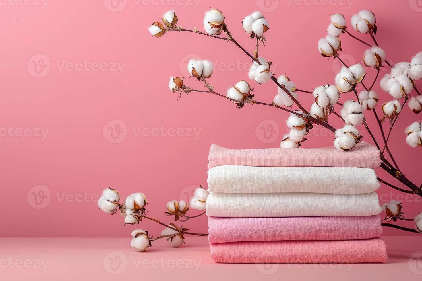 A photo of simple white T-shirts stacked on top of each other, on a pink background with a cotton branch, pastel colors, minimalistic style.