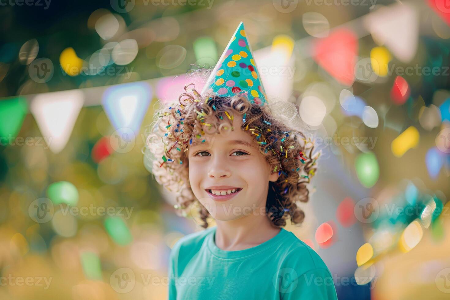 A happy curly-haired child in a birthday cap celebrates his special day surrounded by friends and family at a house party photo