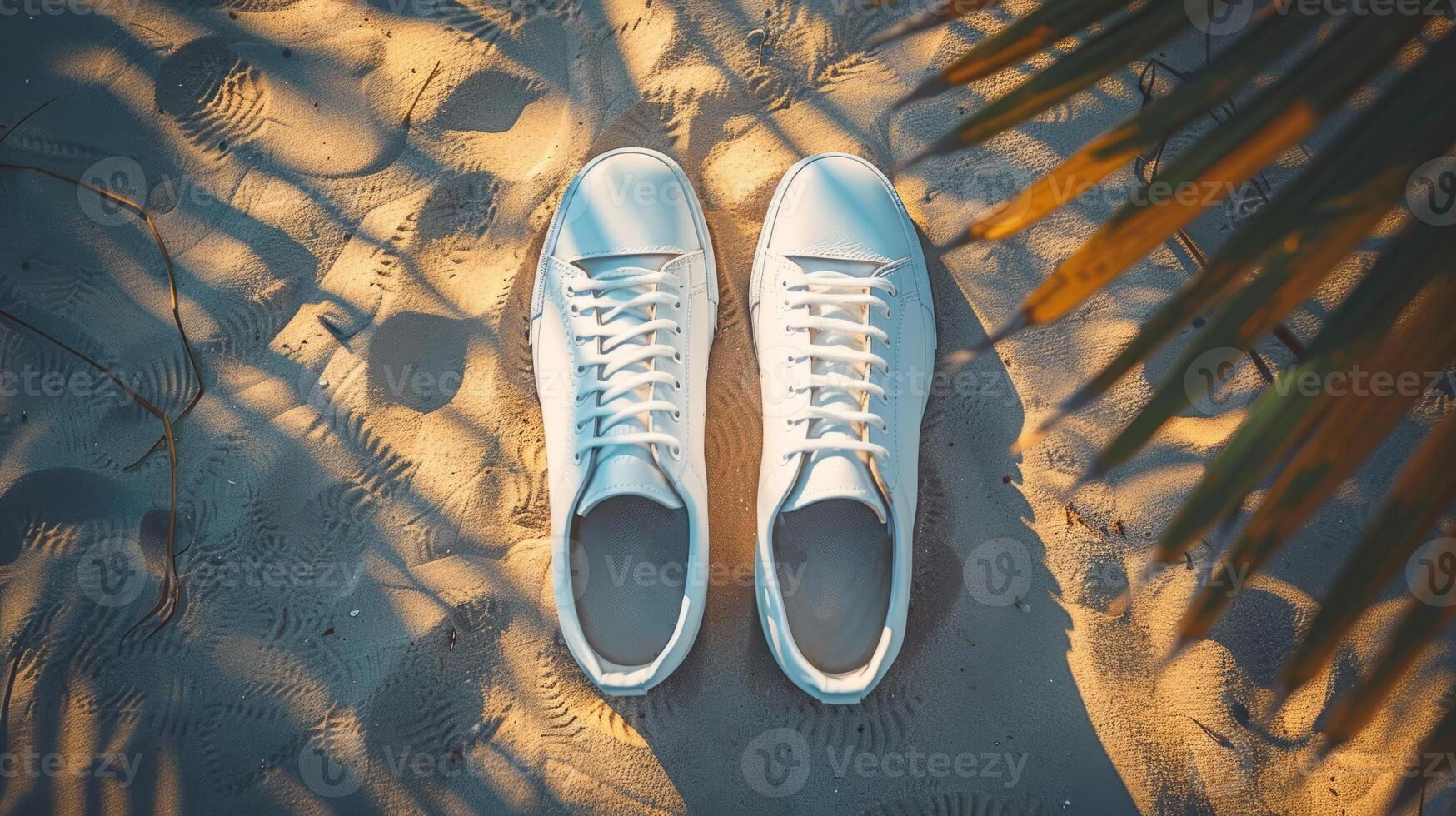 White sneakers on the sand, top view, tropical background, palm leaves. photo