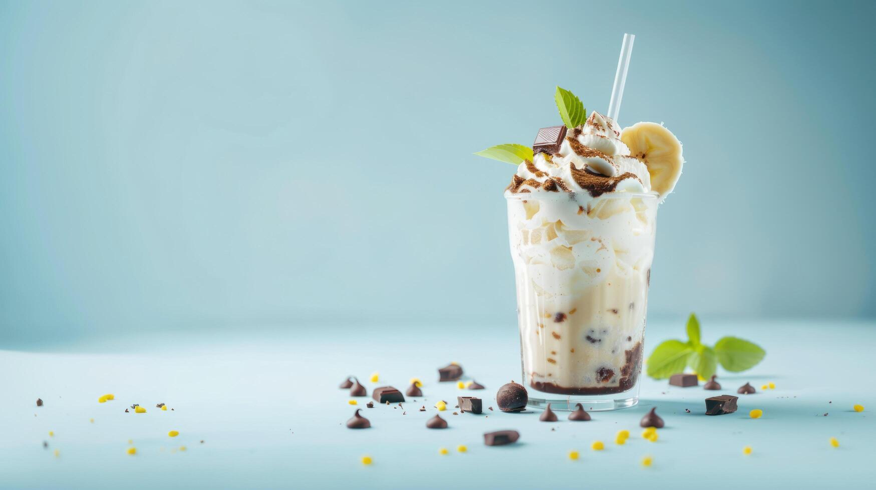 a photo of a milkshake with banana ice cream in a glass and swirls of chocolate and vanilla on top on a blue background. A place for the text.