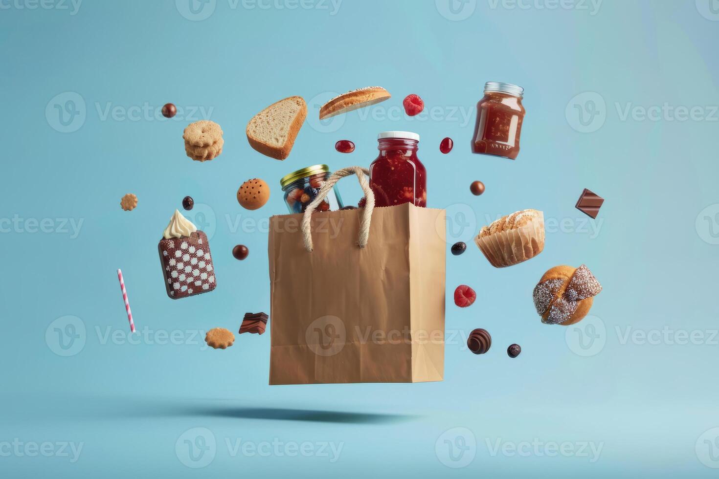 A shopping bag floating in the air, from which bread, a jar of jam, cookies, cakes, chocolate, sweets on a blue background are taken out .For advertising and banners. photo