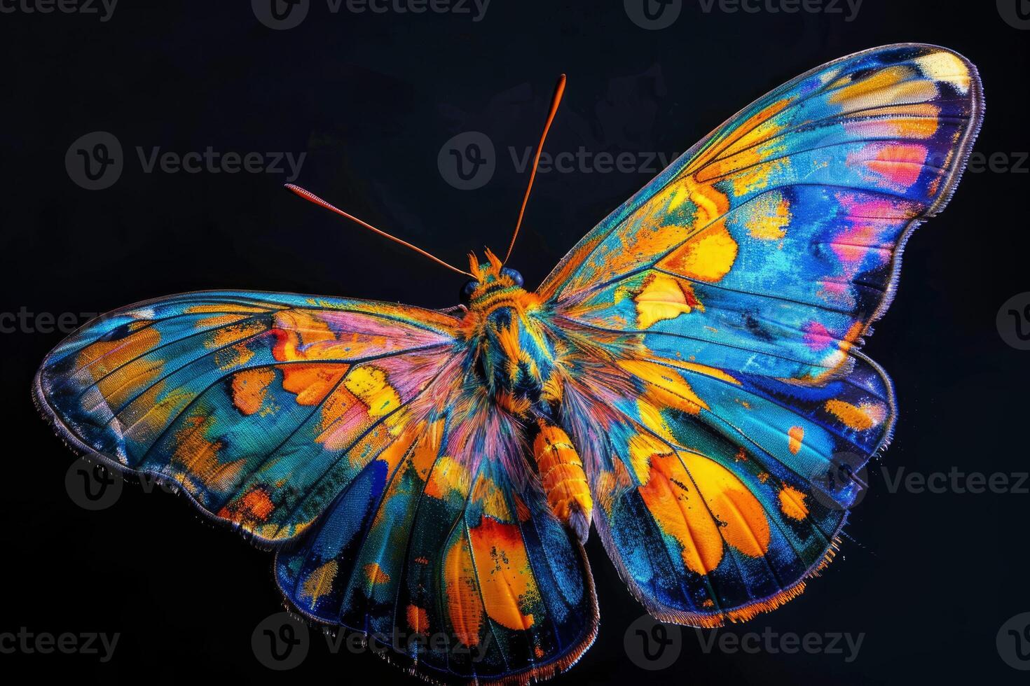 a bright multicolored butterfly on a black background. photo