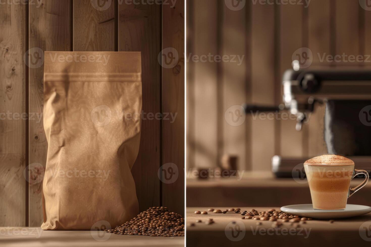 a photo to advertise coffee. A cup of hot cappuccino on a blurred background of a coffee machine and a large kraft bag for storing grains. A place for your text.