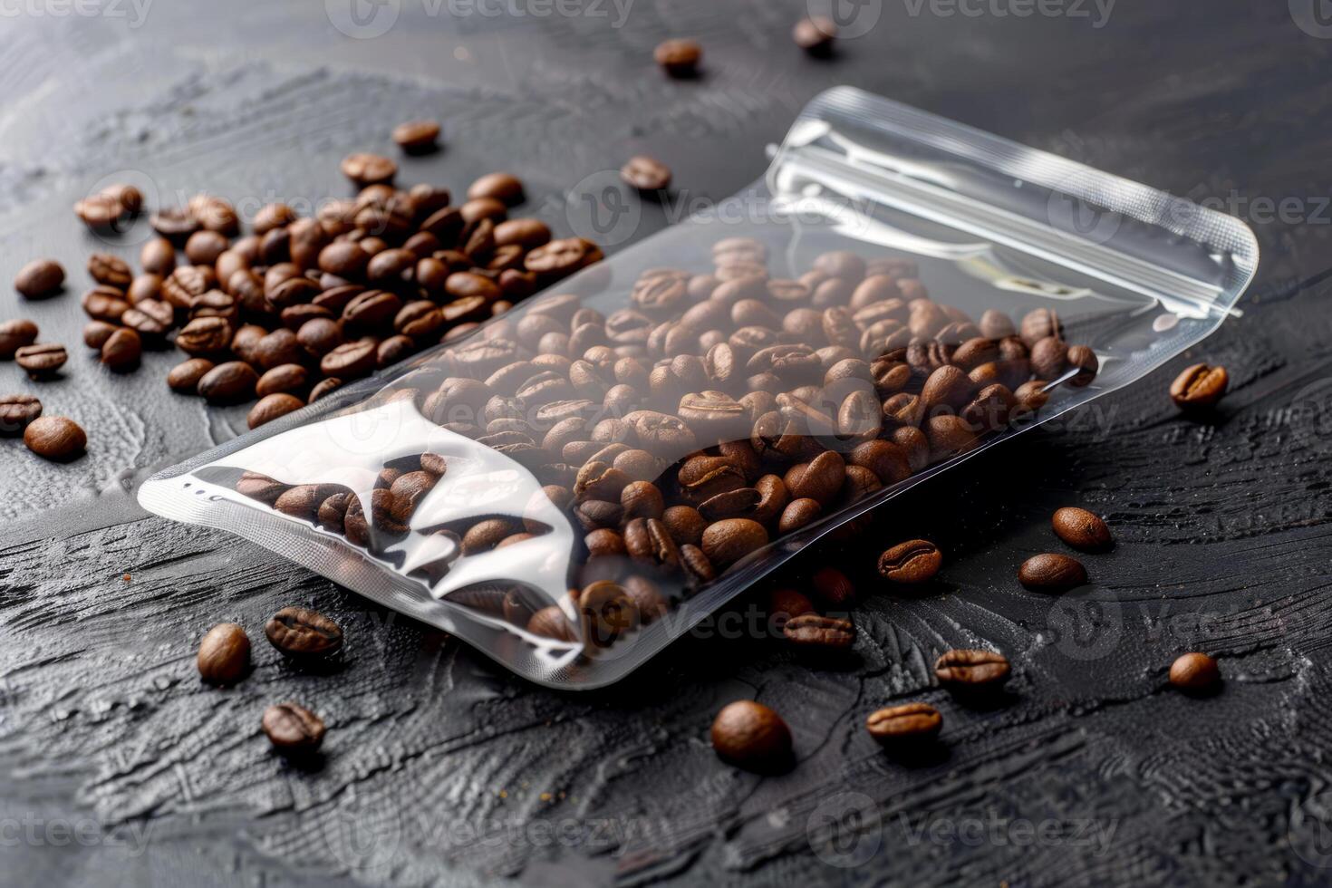 A zippered craft bag for storing coffee beans. A package for selling coffee. Coffee for coffee machines. photo