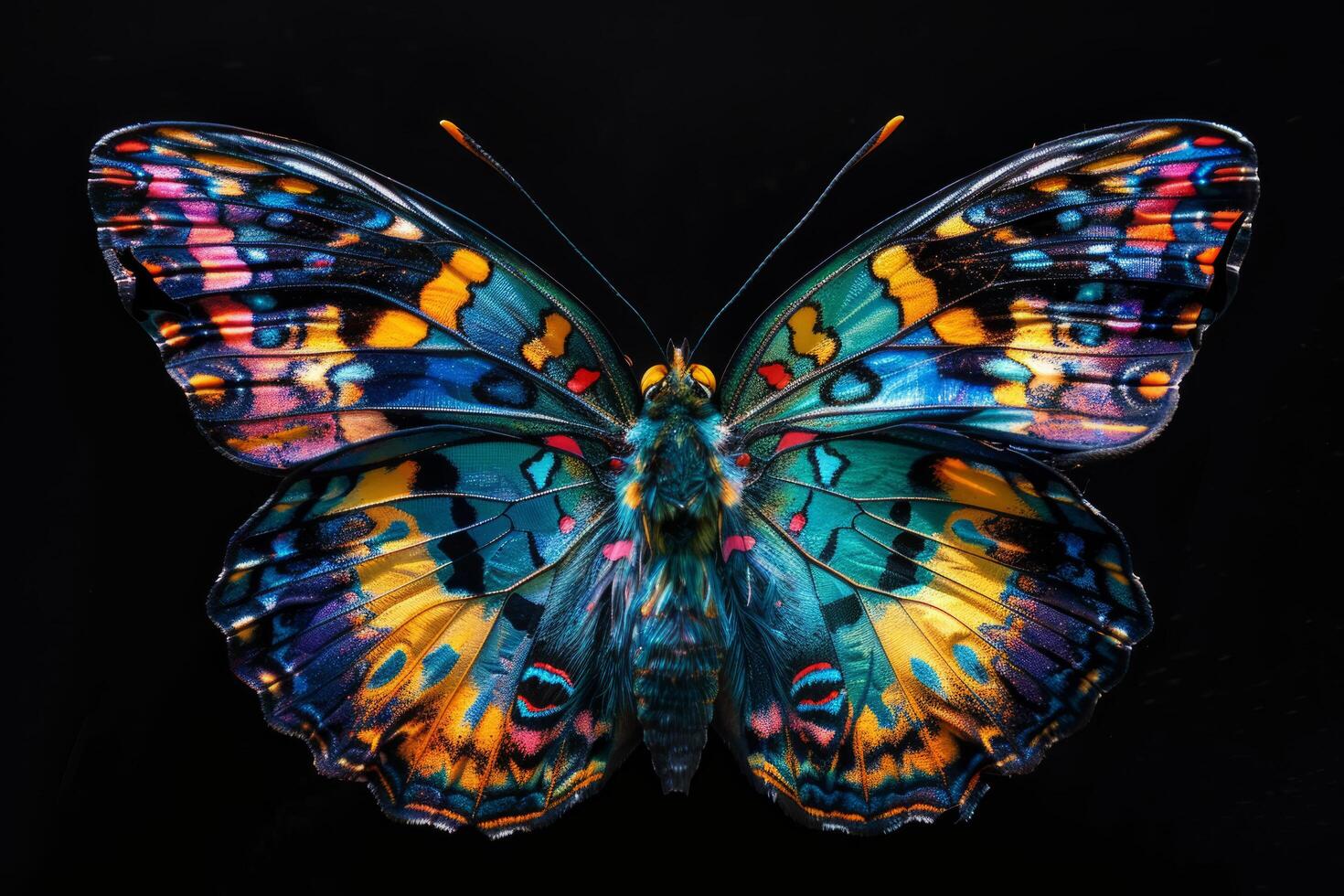 a bright multicolored butterfly on a black background. photo