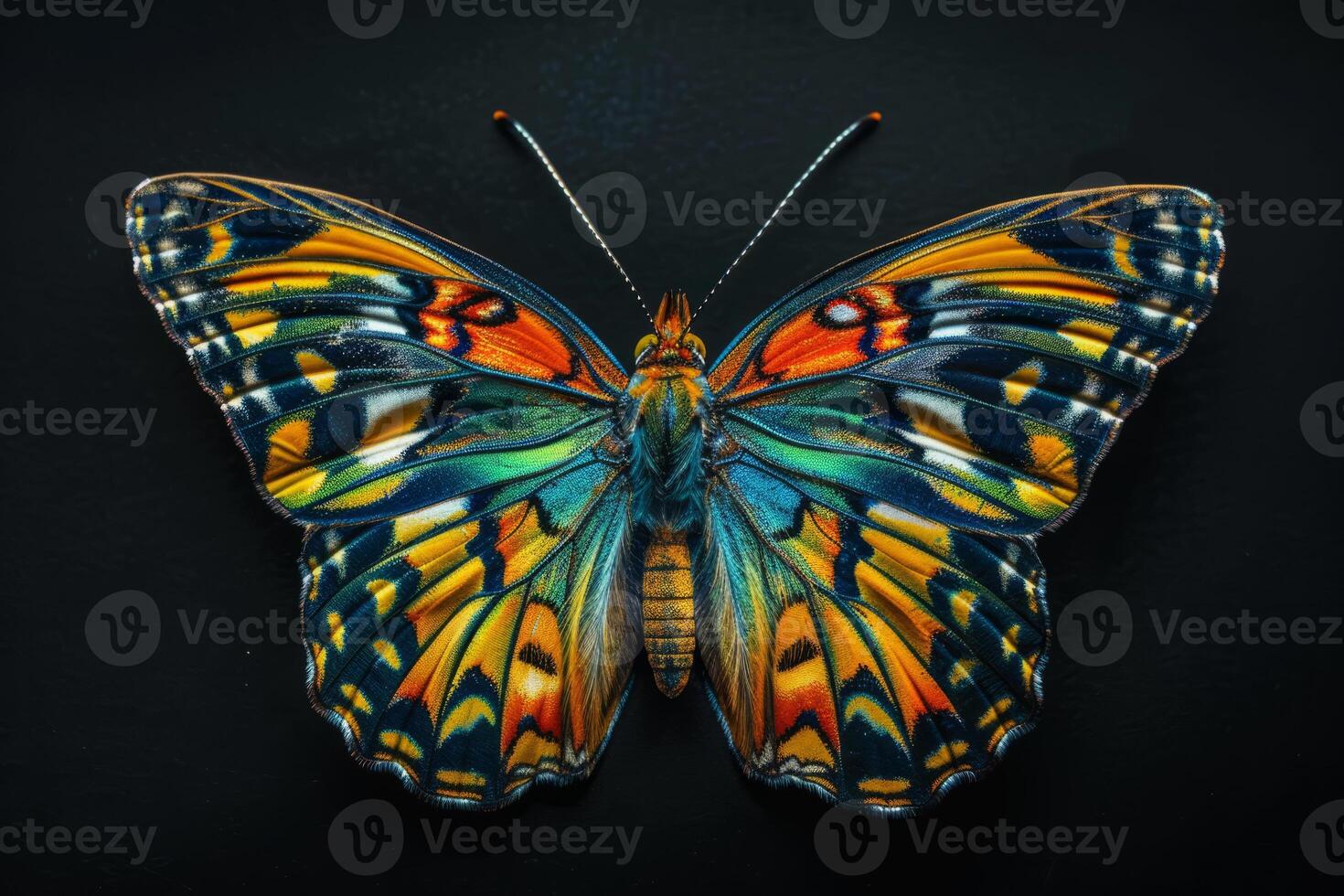 a bright multicolored butterfly on a black background. photo