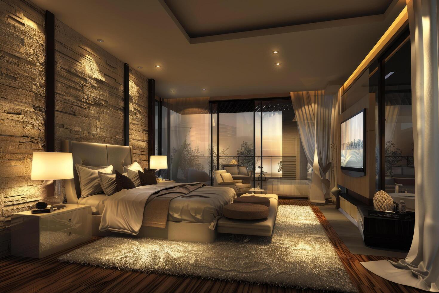 A room with panoramic windows and a large TV. An expensive and very beautiful bedroom with a large gray carpet. A cozy room with pleasant lighting and a large bed. photo