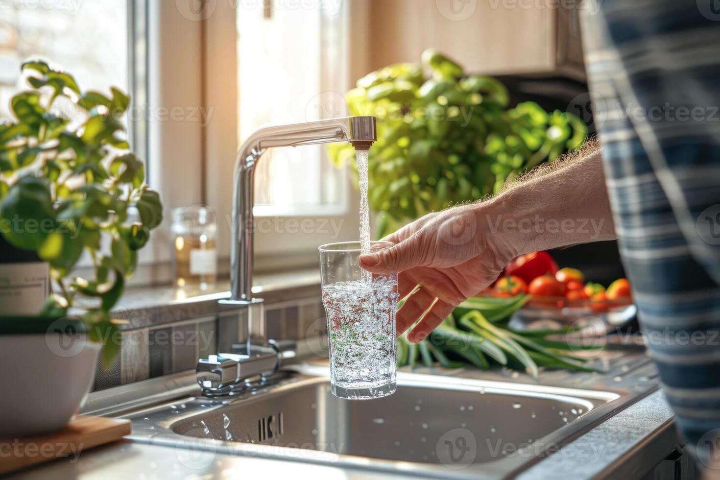 A man's hand pours water into a glass in the kitchen with a modern design. Close-up. Clean water. photo