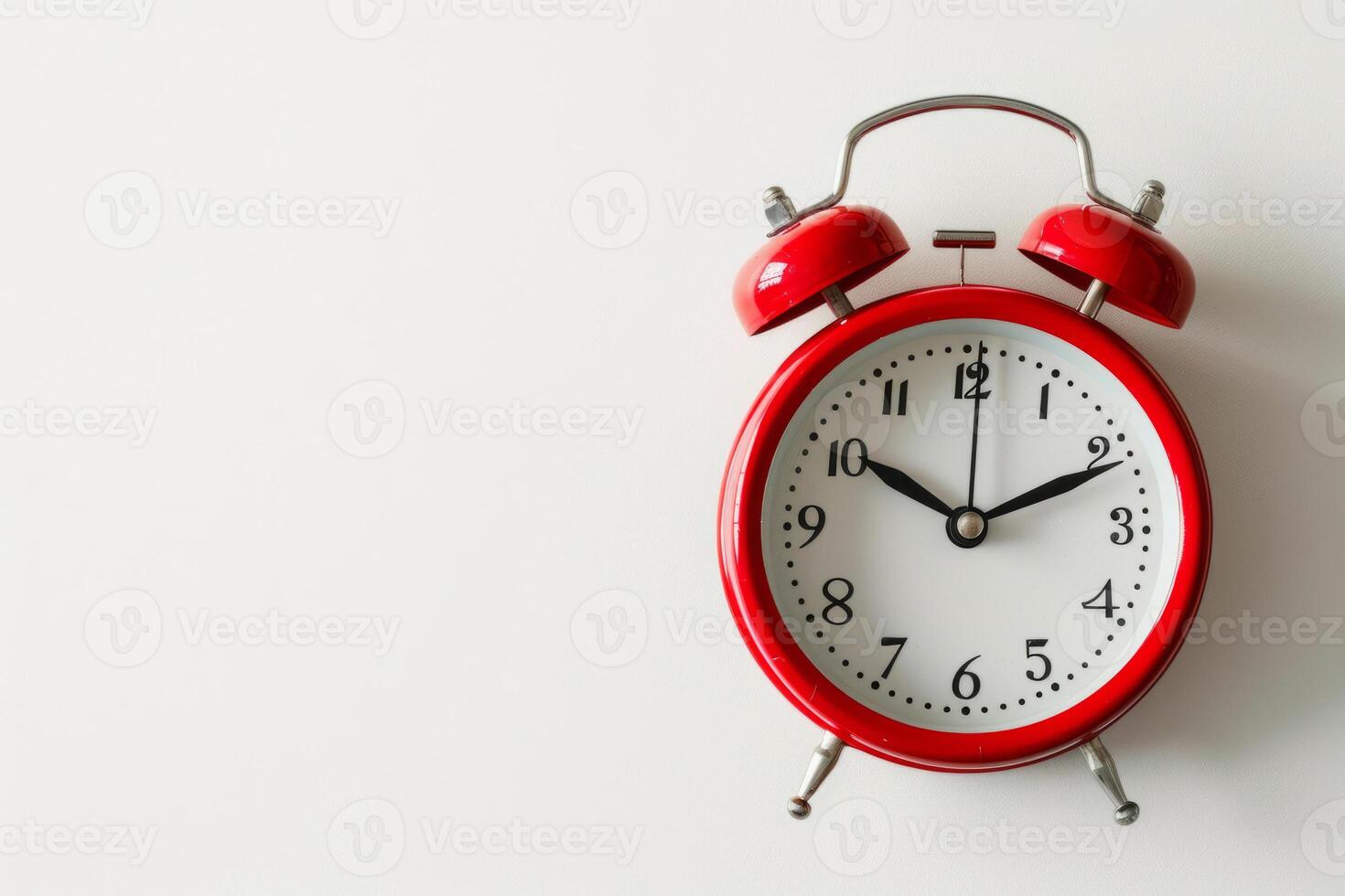 a red and white alarm clock highlighted on a white background. A retro-style watch. The concept of time. photo