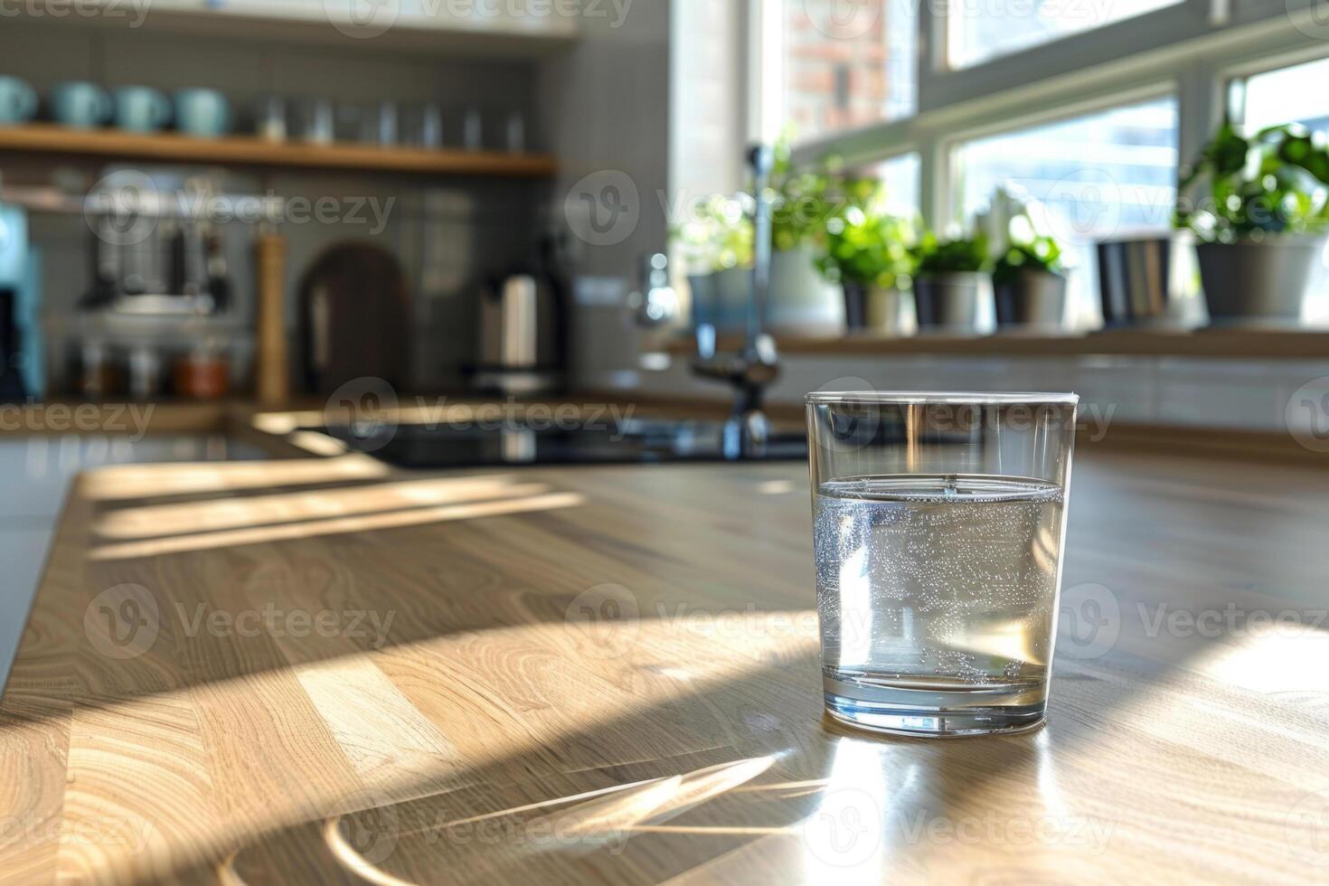 Glass of clean water on a wooden table in the kitchen interior. Clean water. The concept of a household filtration system. photo