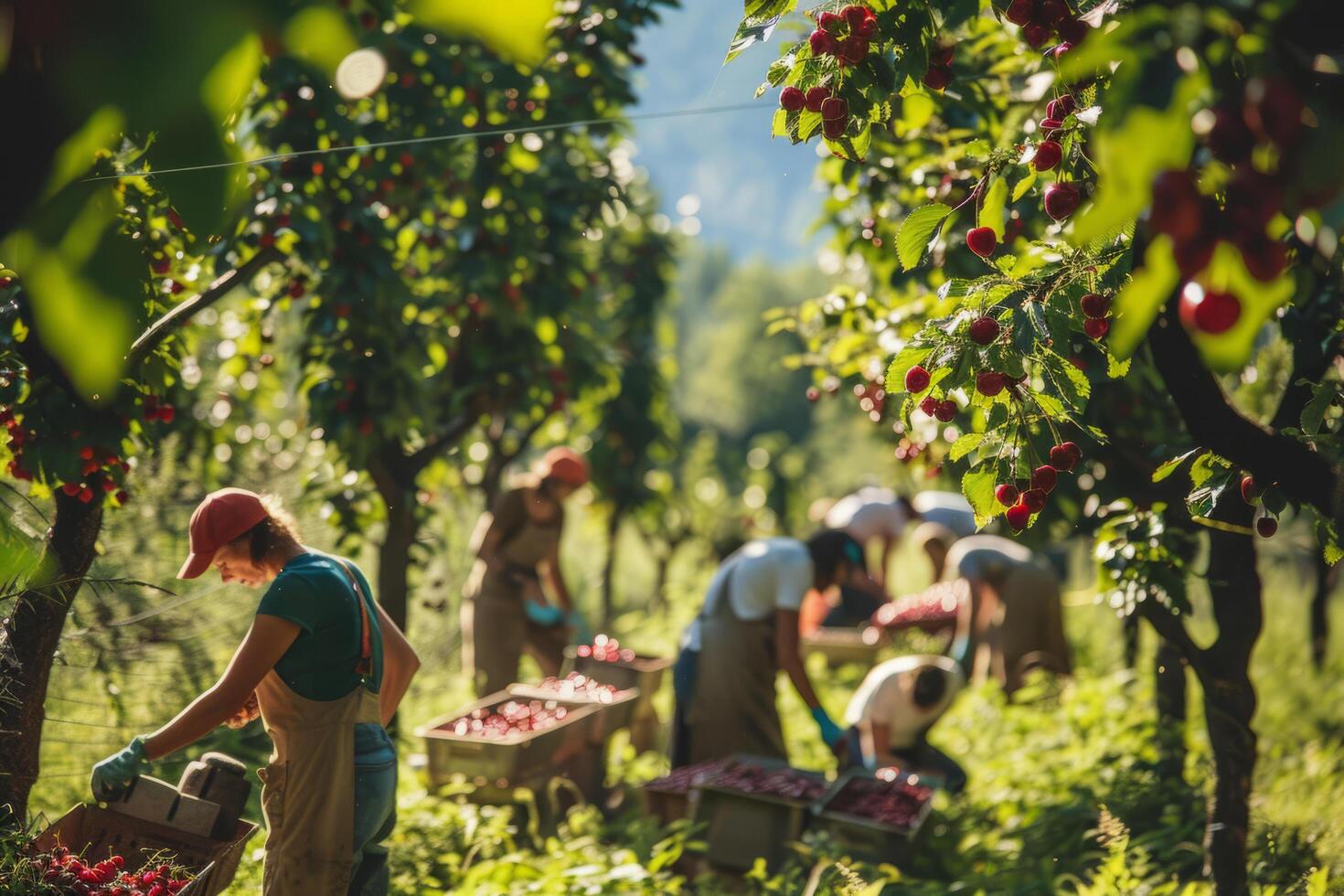 A group of people working in a cherry orchard is picking cherries. Farmers harvest delicious ripe cherries. photo
