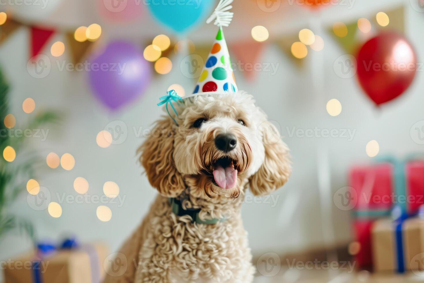 A cheerful cute labradoodle dog in a festive hat. Portrait of a smiling dog on a blurred festive background. Birthday. photo