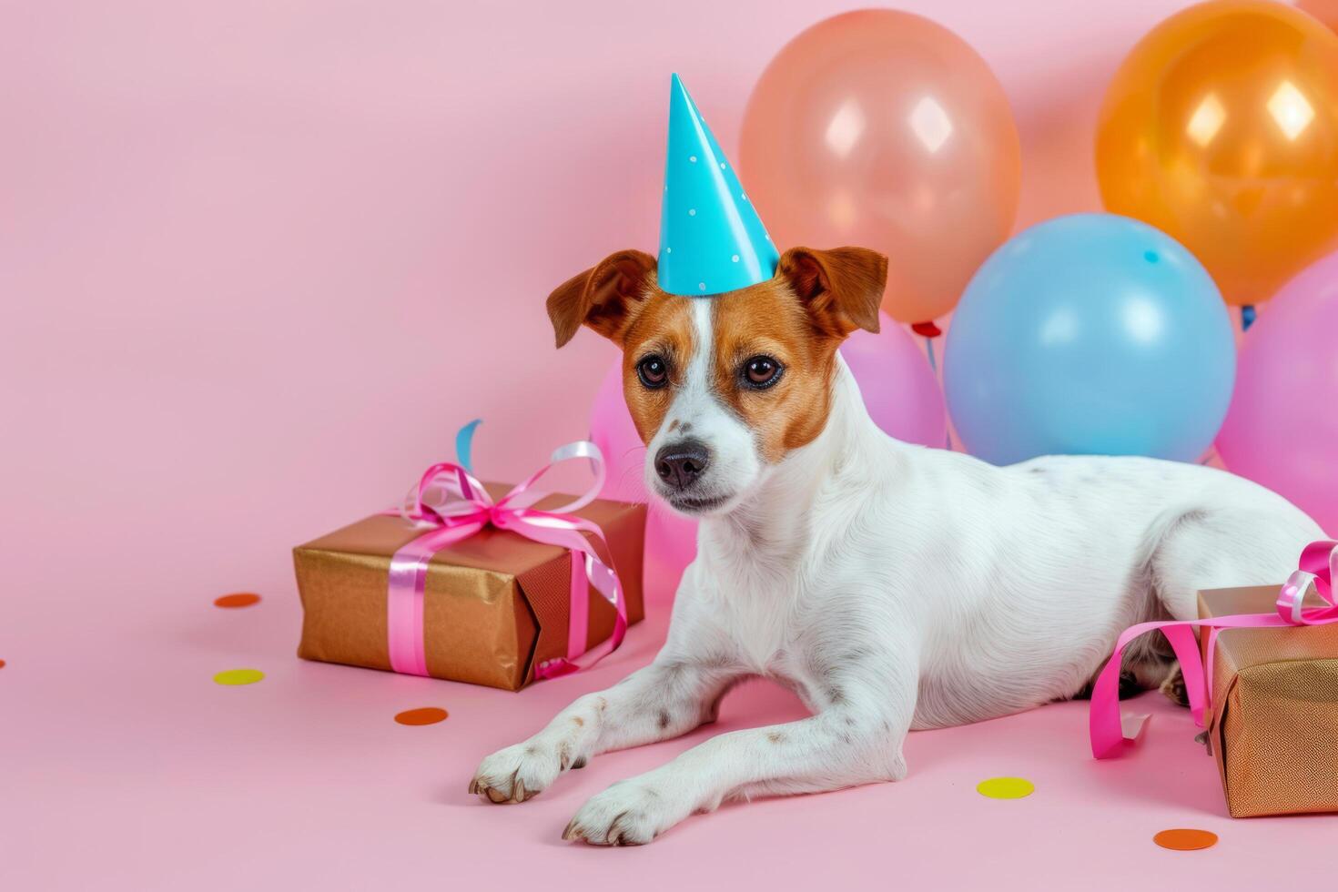 Jack Russell breed dog, hat on his head, birthday, gifts, balloons, on a blue background. An idea for a postcard, advertisement, banner. photo