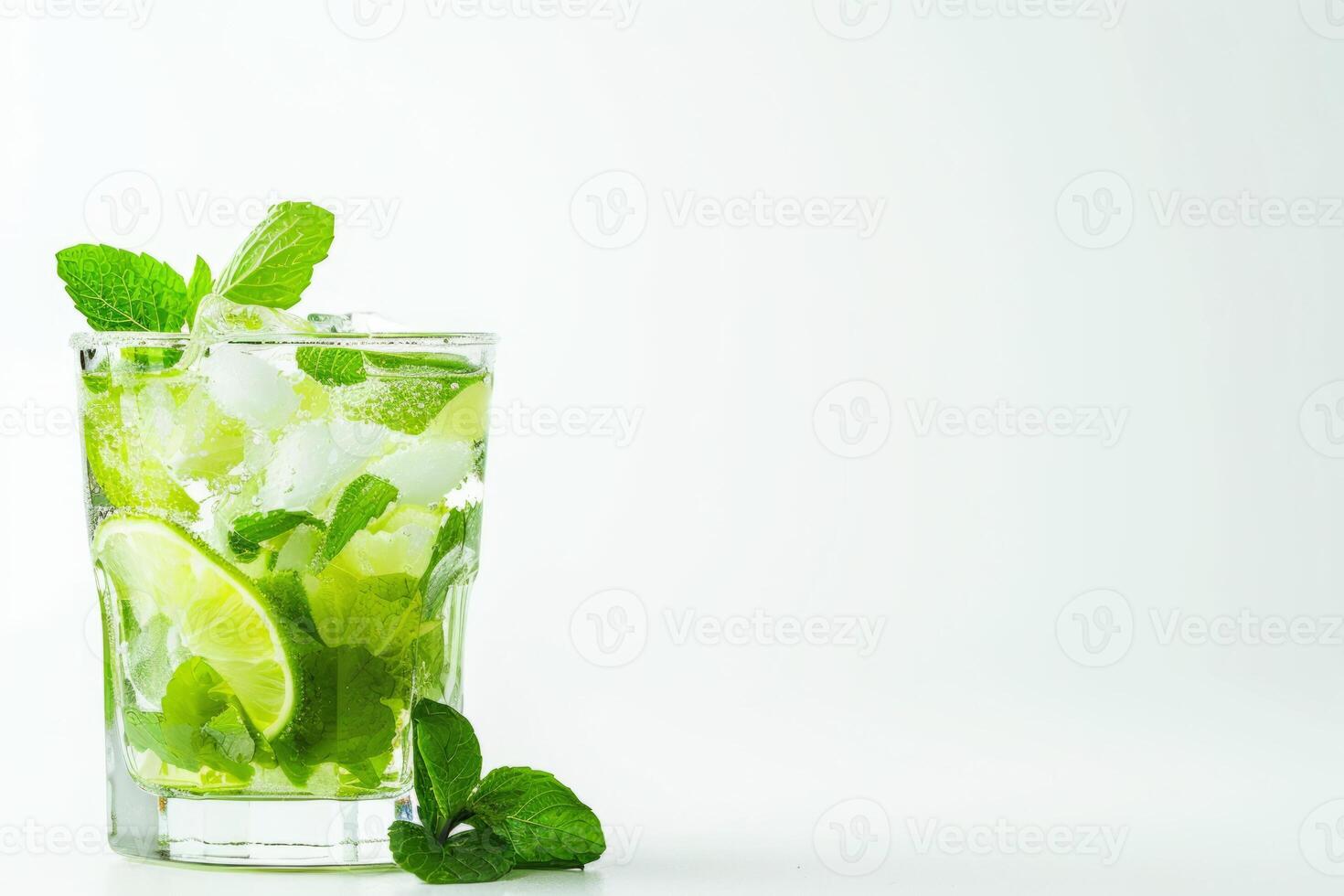 Mojito cocktail made according to a classic recipe with mint and lime on a white background. A place for the text. photo