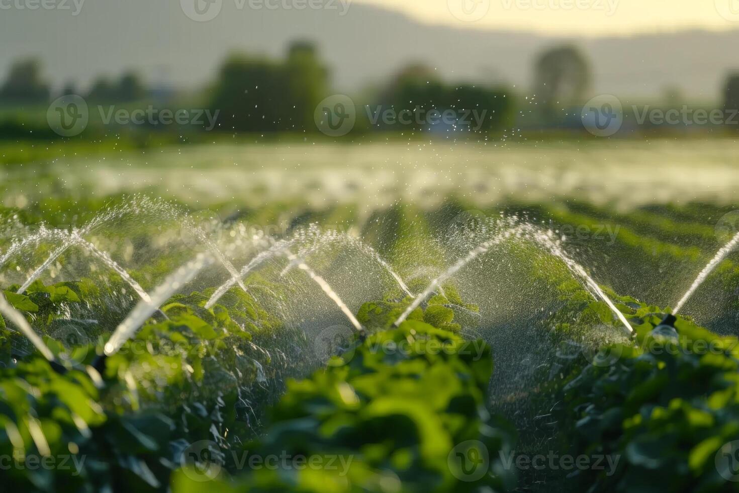 The irrigation system waters the soil with water to obtain a good harvest. A sprinkler for watering agricultural fields in close-up. photo