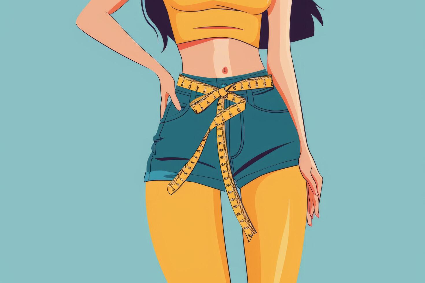 A slender girl with a ribbon on a blue background. An illustrated drawing of a woman in jeans with an open waist and a measuring tape. The concept of a healthy lifestyle. photo