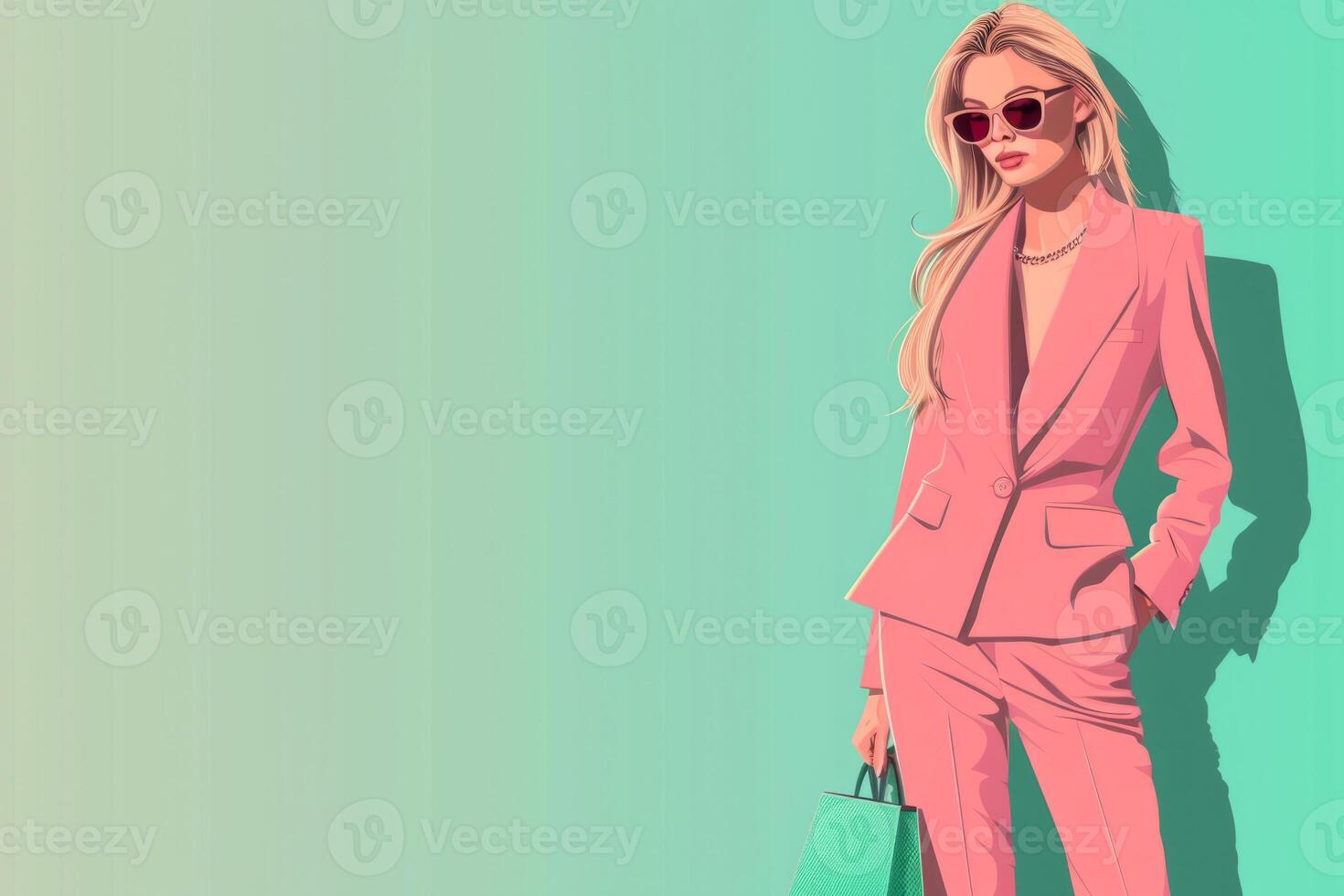 Stylish blonde on a colored background. An elegant woman in a fashionable pink suit, sunglasses and a green bag. photo