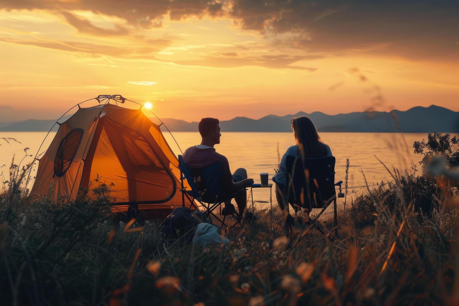 A couple of tourists admire the sunset in nature near the sea. Camping concept for outdoor activities, summer travel and camping in the mountains. photo