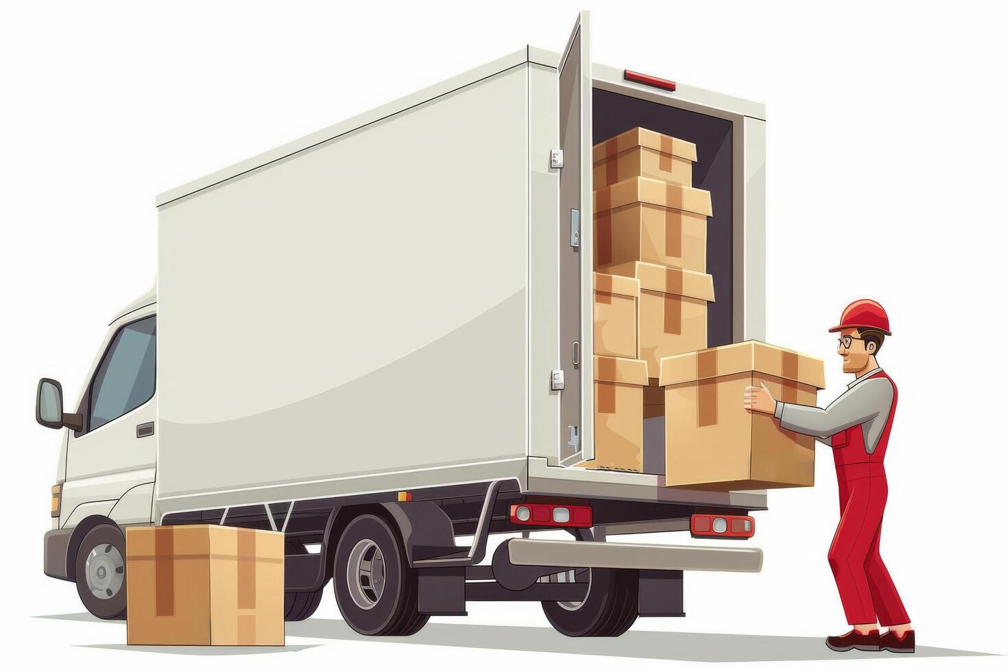 A delivery van with many different cardboard boxes, side view. The concept of fast express delivery. Road freight transportation. photo