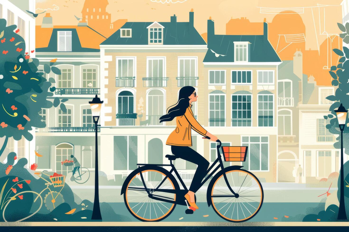 A flat illustration of a woman who rides a bicycle, enjoys relaxation and a healthy lifestyle. photo