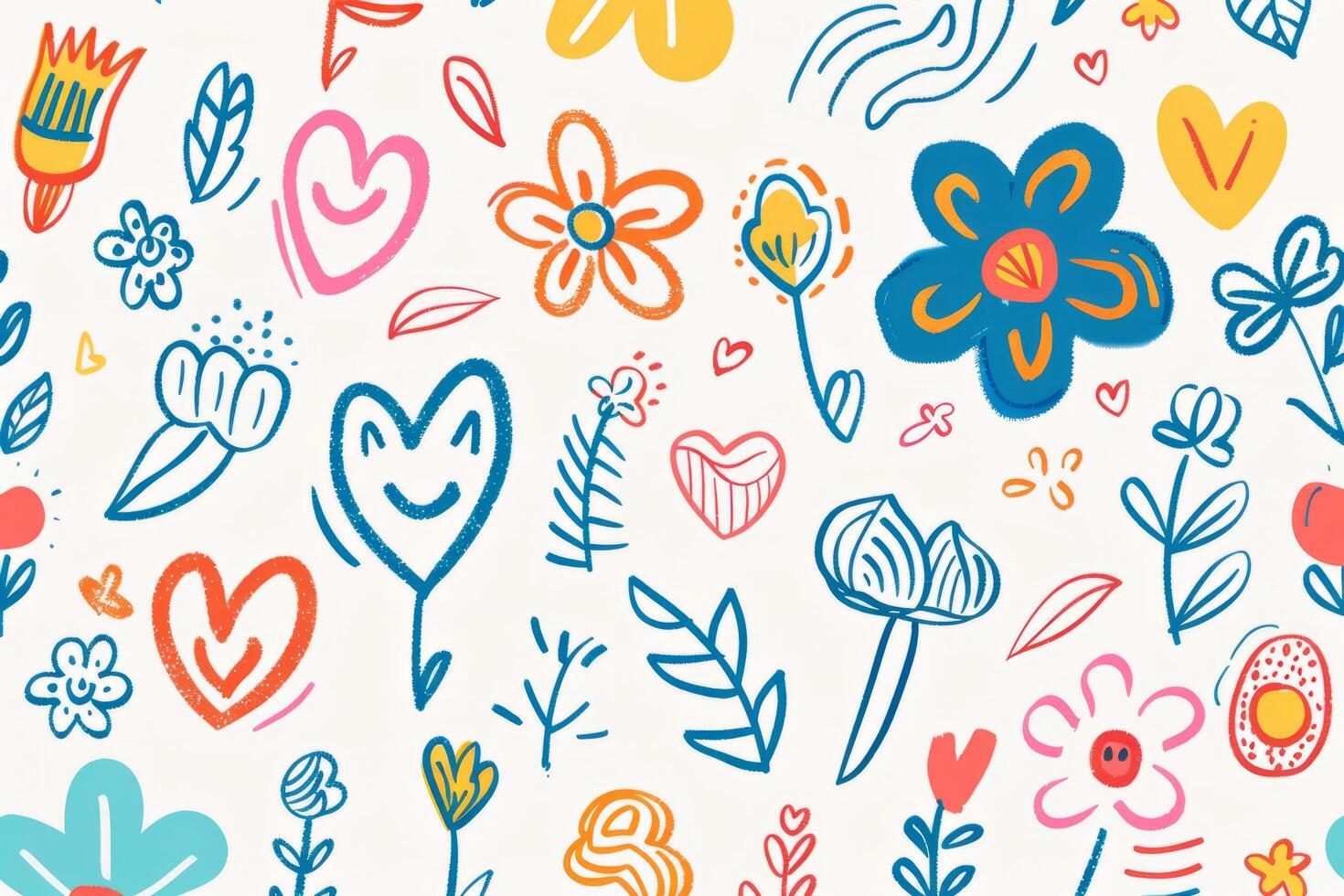 Cute children's doodles. A set of children's elements for drawing by hand. A flower, a heart, a leaf is a style that children draw. photo