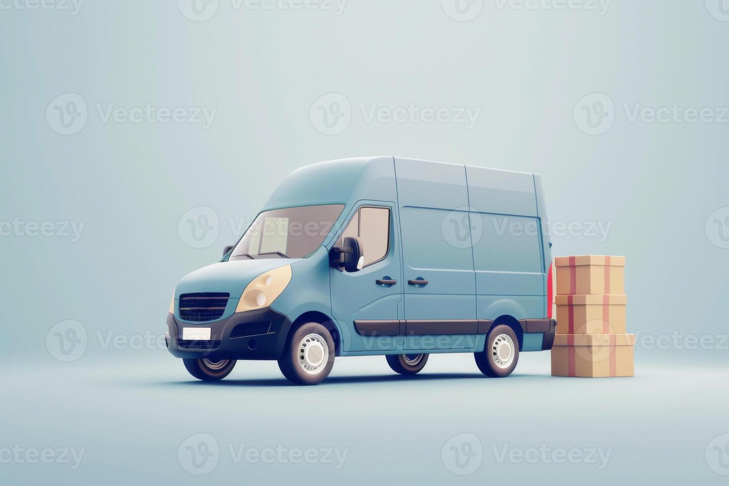 A delivery van with many different cardboard boxes, side view. The concept of fast express delivery. Road freight transportation. 3d illustration photo