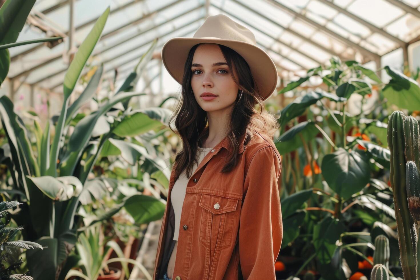 A fashionable young woman stands in a greenhouse. A beautiful girl in a greenhouse looks into the frame. Close-up. photo