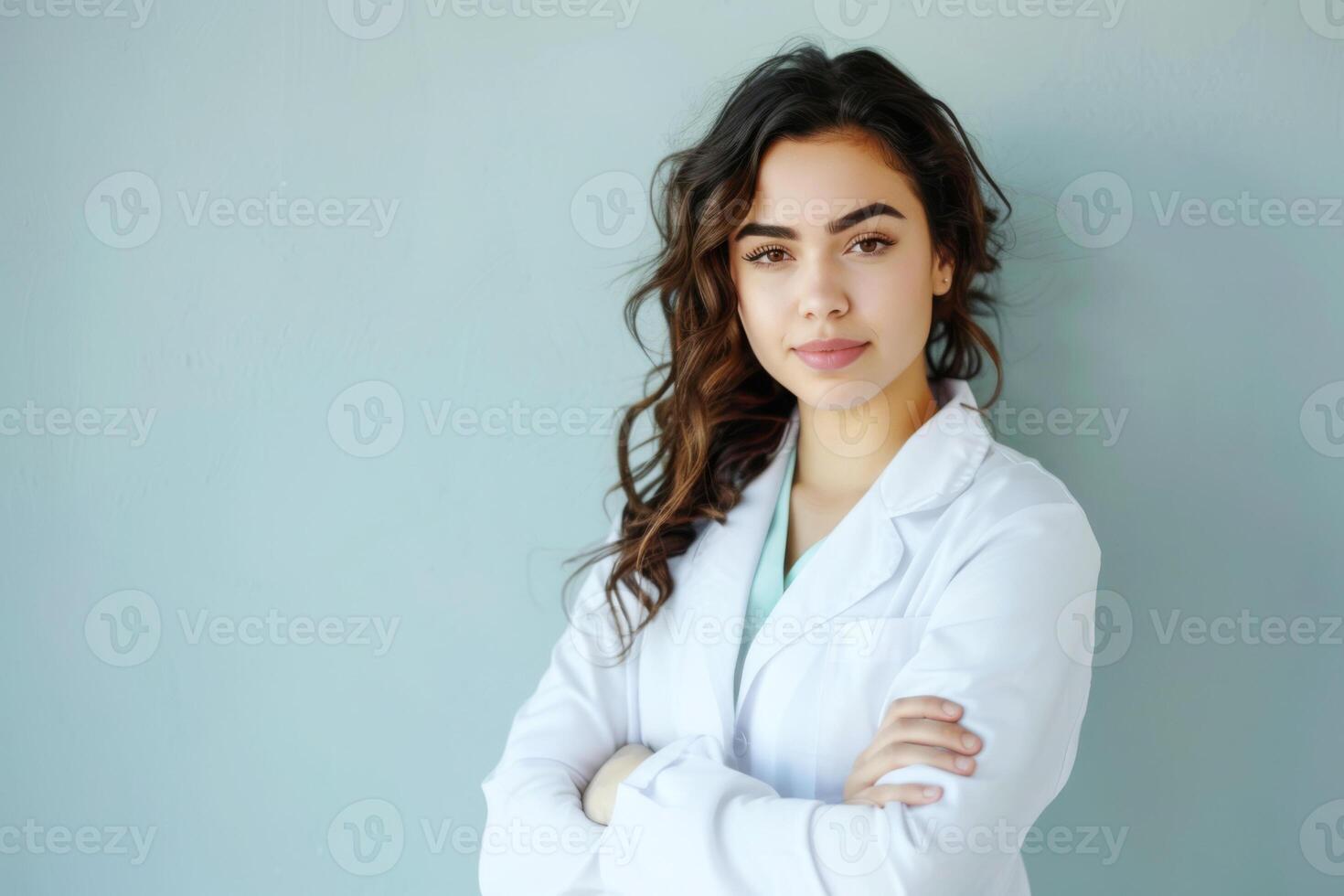 Portrait of a beautiful female doctor doing medical procedures in a SPA salon. A girl in a white medical coat works in a beauty salon. photo