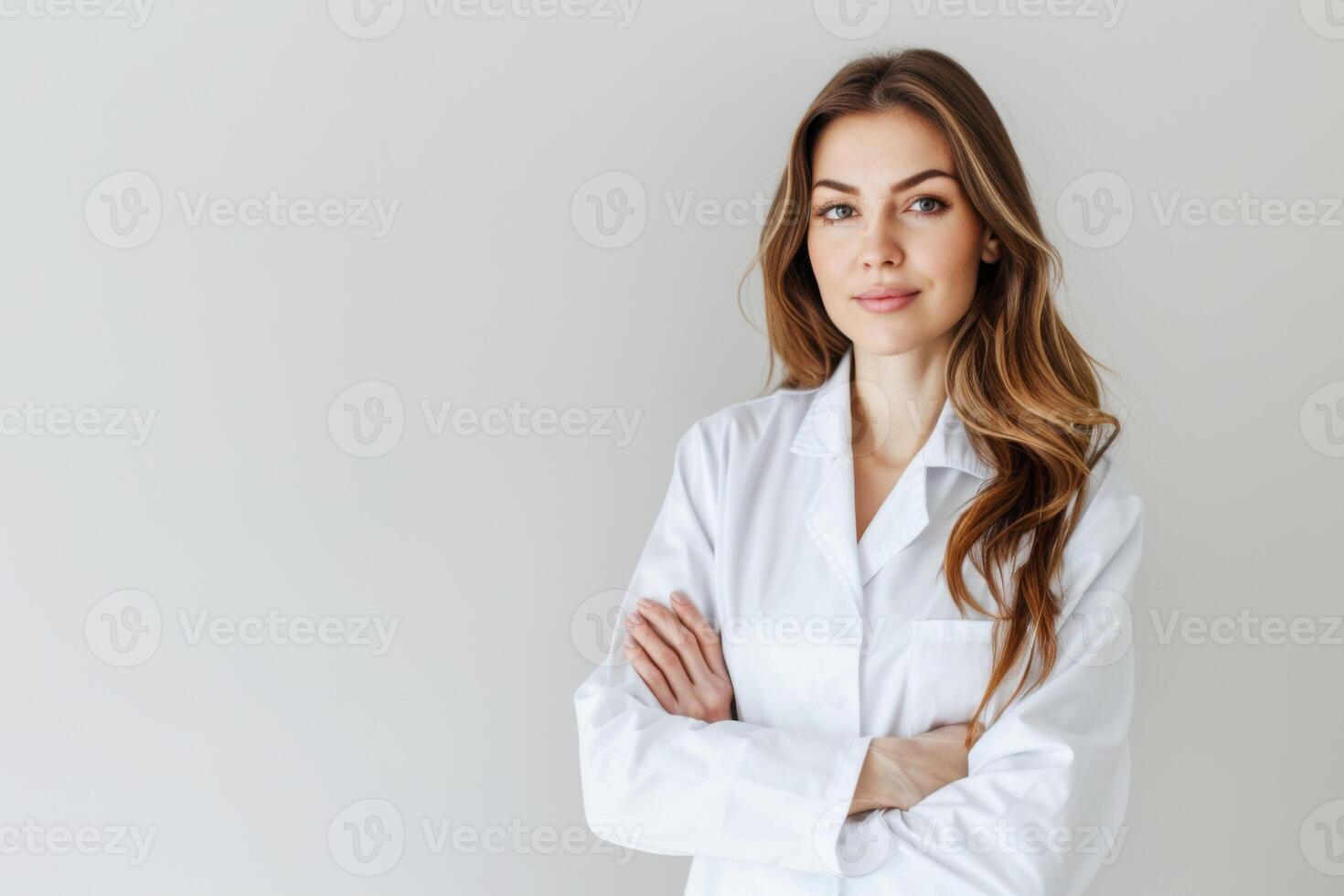 Portrait of a beautiful female doctor doing medical procedures in a SPA salon. A girl in a white medical coat works in a beauty salon. photo