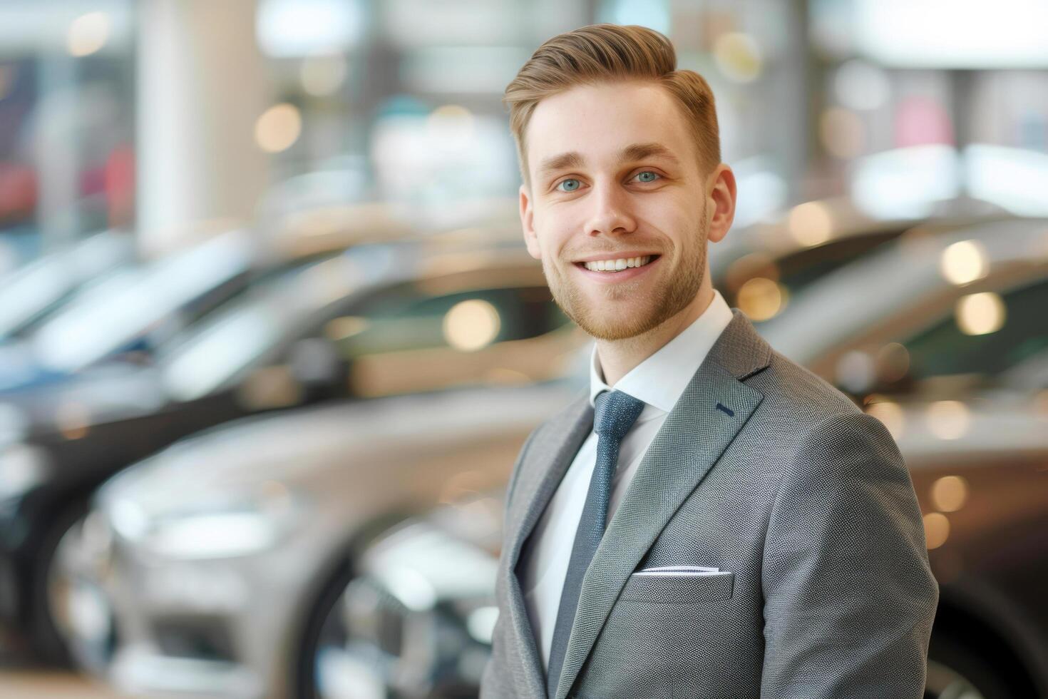 A photo of a handsome sales manager in a luxury car showroom. Portrait of a male employee of a car dealership.