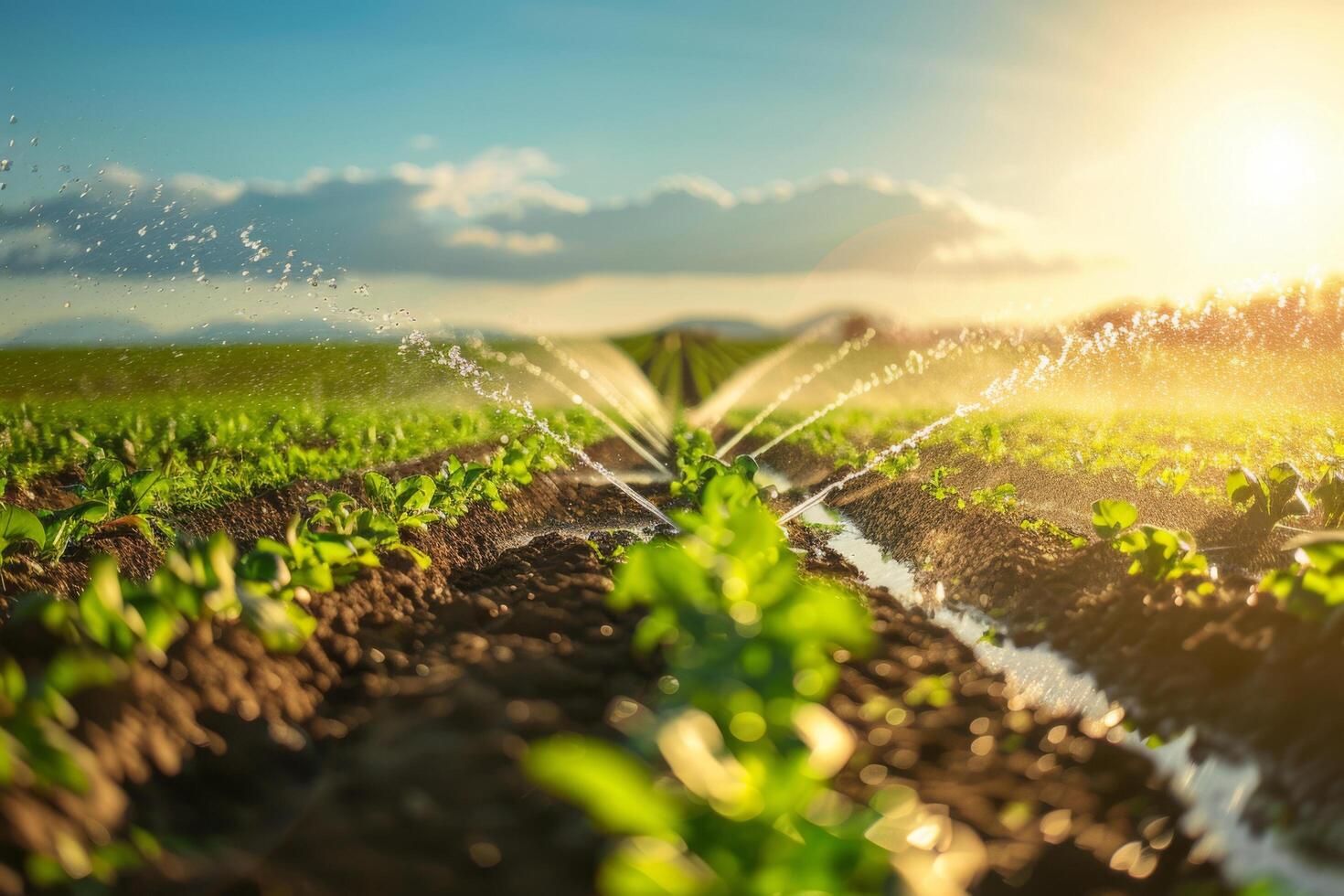 The irrigation system waters the soil with water to obtain a good harvest. A sprinkler for watering agricultural fields in close-up. photo