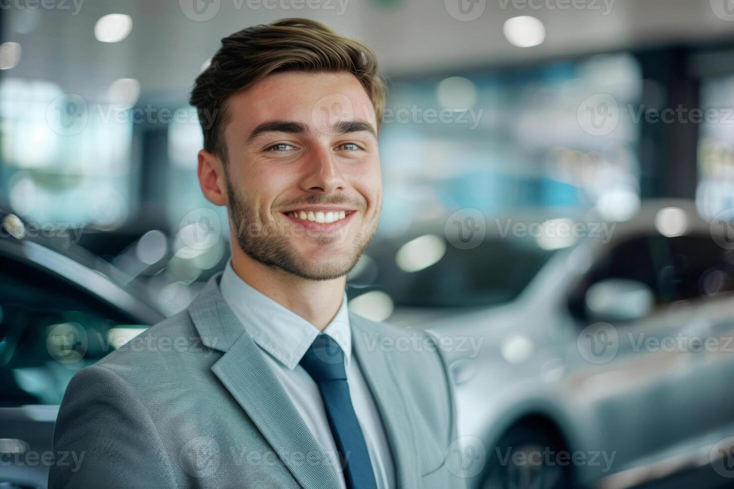 A photo of a handsome sales manager in a luxury car showroom. Portrait of a male employee of a car dealership.