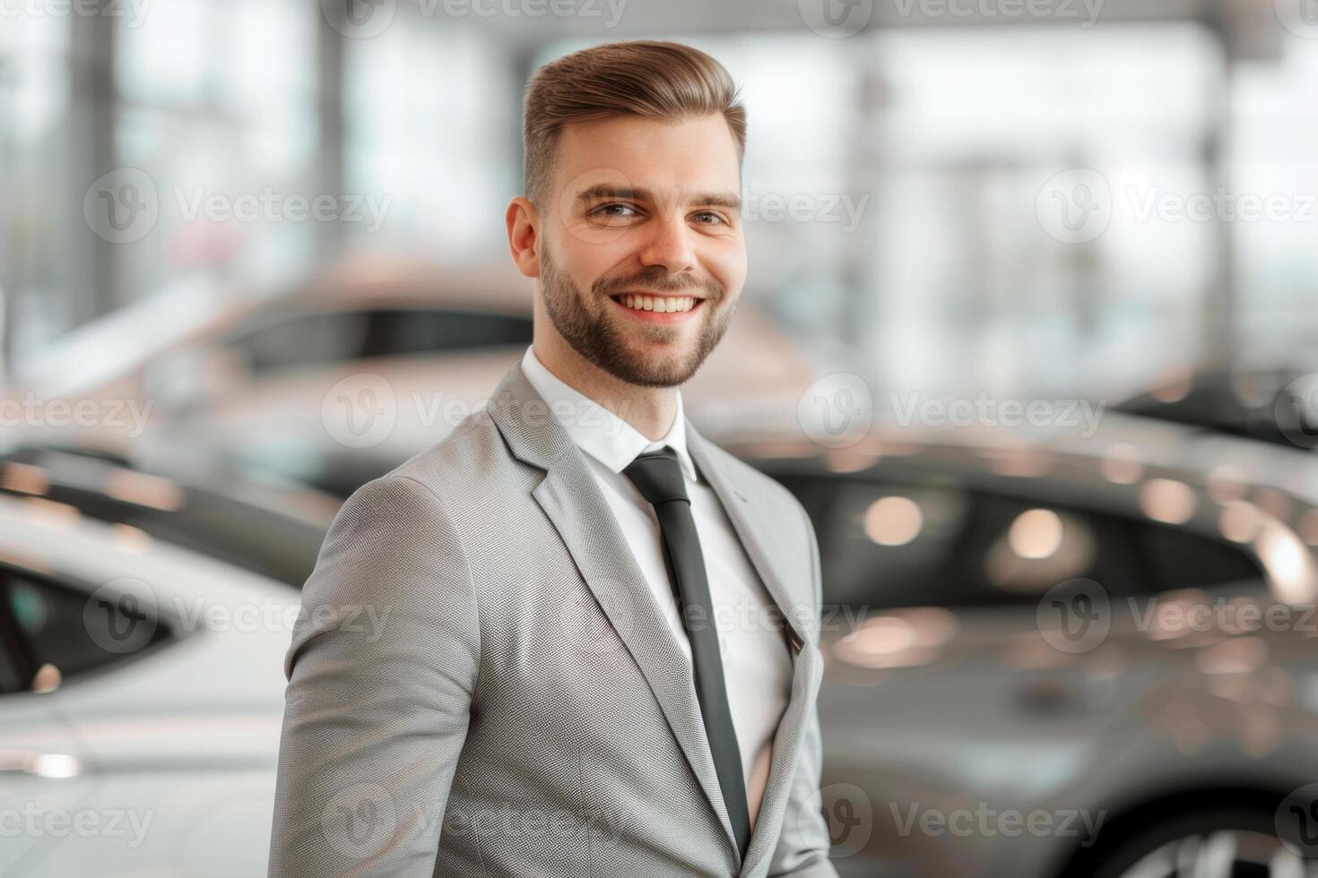 A photo of a handsome sales manager in a luxury car showroom. Portrait of a male employee of a car dealership.