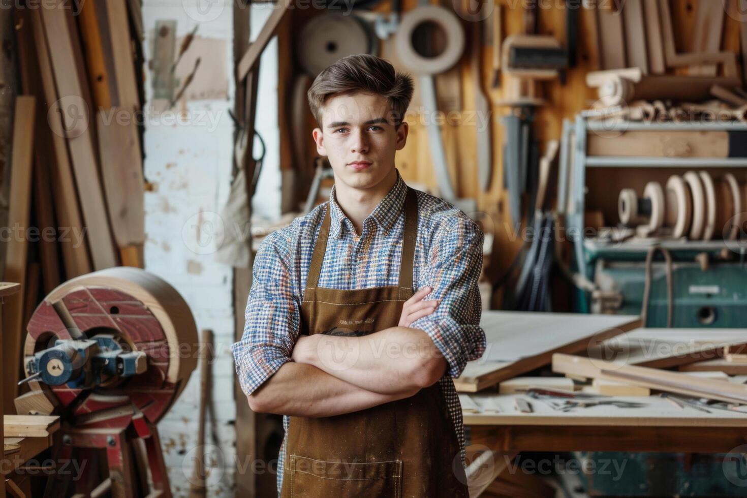 Portrait of a handsome young man in an apron working in a workshop. A man in the background of a joinery, wood carving and handicraft workplace. photo
