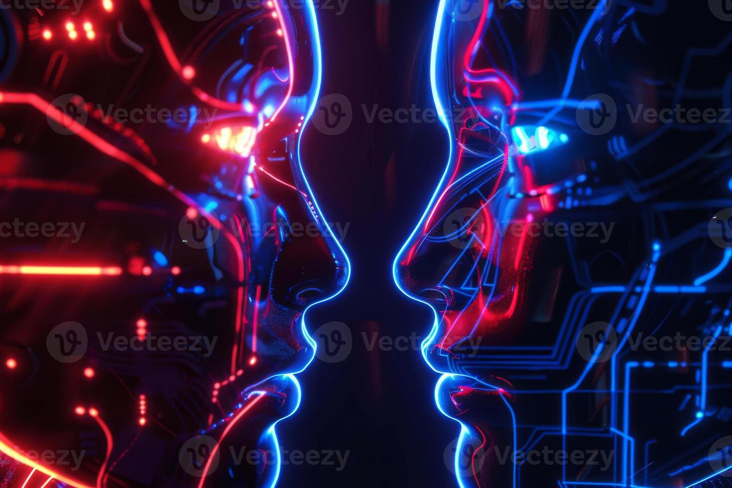 A photo with a face image using artificial intelligence. Artificial intelligence opposes man. Internet and digital technologies, science.