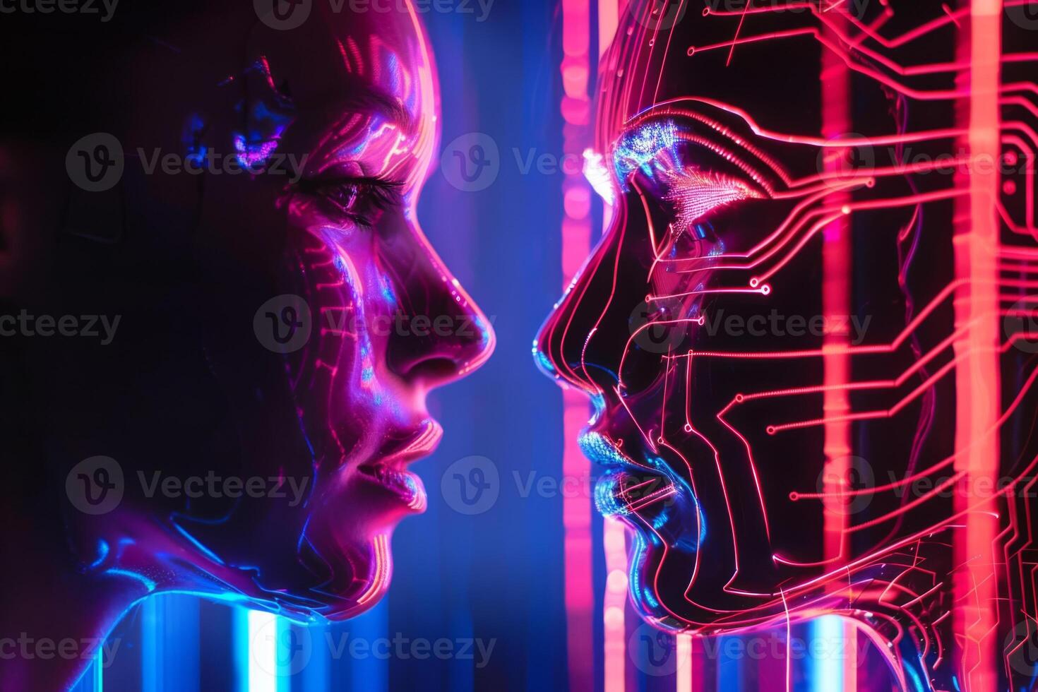 A photo with a face image using artificial intelligence. Artificial intelligence opposes man. Internet and digital technologies, science.