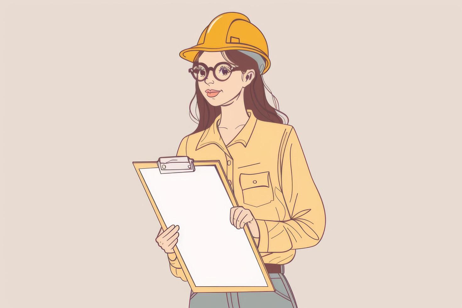 A smiling female engineer with a large tablet in her hands on a white background. An architect girl is working on a project. photo