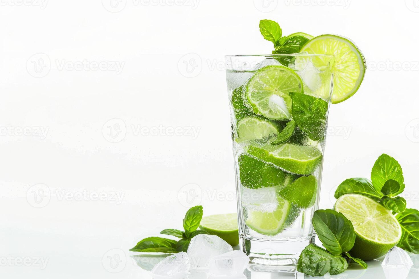 Mojito cocktail made according to a classic recipe with mint and lime on a white background. A place for the text. photo