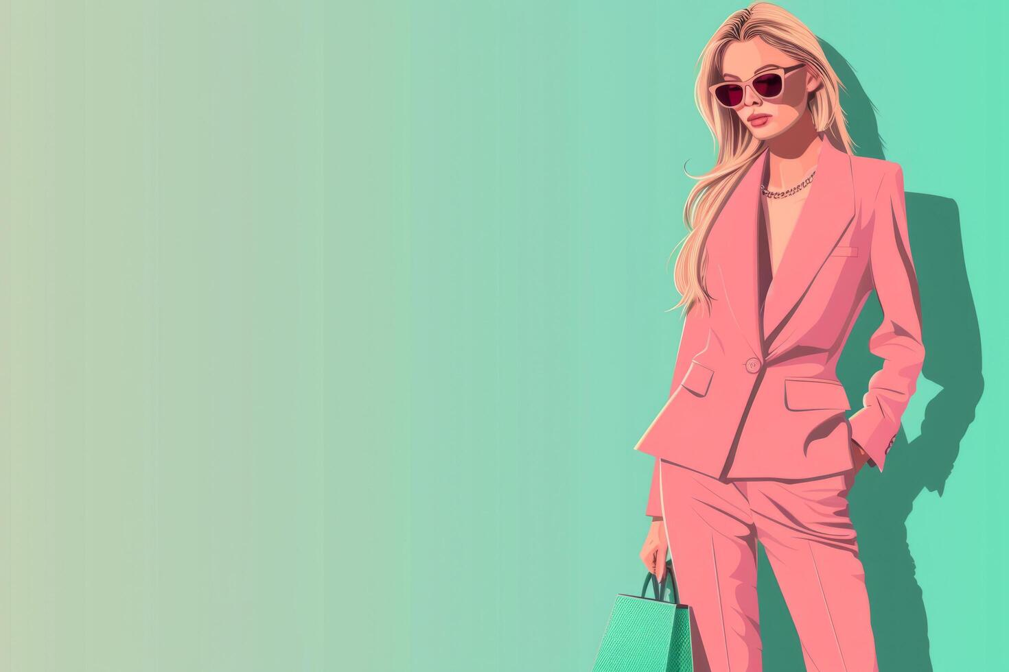 A stylish blonde on a colored background. An elegant woman in a fashionable pink suit, sunglasses and a green bag. photo
